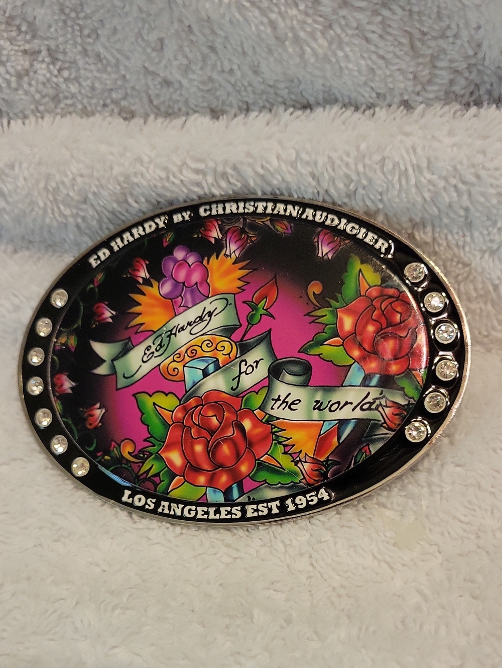 Ed Hardy Floral Tattoo-Style Oval Belt Buckle in Pink, Red & Green